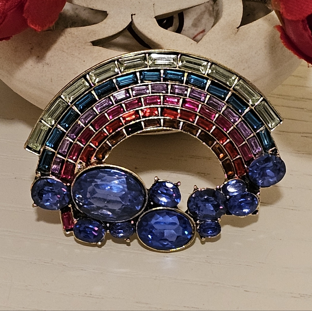 Multi-colored Rhinestone Rainbow Brooch